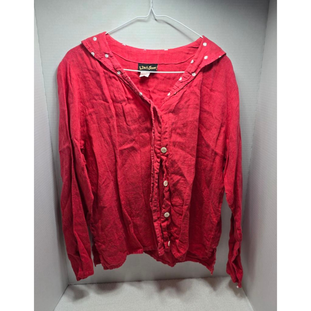 Women's Liz & Jane Red Linen Button Down Shirt with White Polka Dots, Size L